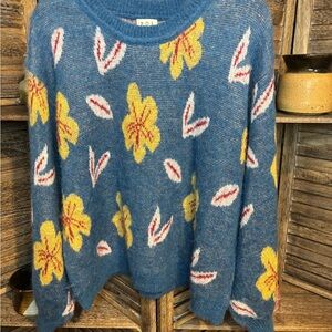 POL Blue Sweater with Yellow Floral Design
